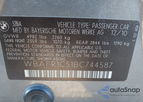 2011 BMW 528I из США, поврежденный, VIN WBAFR1C51BC744587